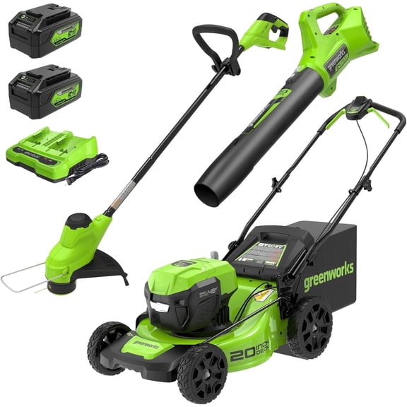 Greenworks 48V (24V x 2) 20" Brushless Cordless Lawn Mower   12" String Trimmer   320 CFM Leaf Blower Combo Kit with (2) 4.0Ah Batteries & Dual Port Fast Charger