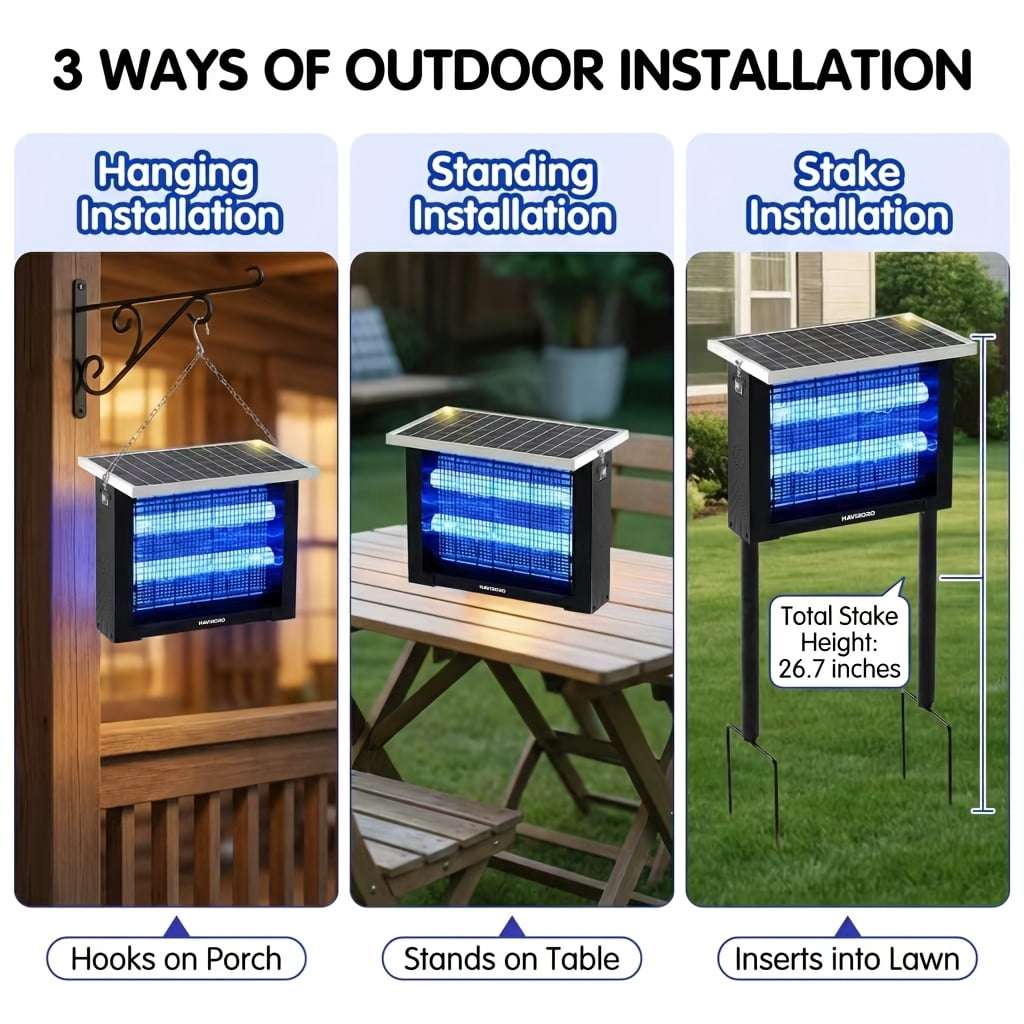 Outdoor Solar-Powered Bug Zapper with 4500V Electric Shock, Wireless Portable Design for Camping, Includes Panel Sensor, Fly Trap Function, and 10ft Extension Cord, Ideal for Patio