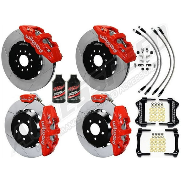 WILWOOD FRONT & REAR BIG BRAKE KIT COMBO WITH FREE BRAKE LINES & BRAKE FLUID, AERO6 14 FRONT & 14 AERO4 REAR, RED CALIPERS, SLOTTED ROTORS, For 2015 2016 2017 2018 2019 MUSTANG