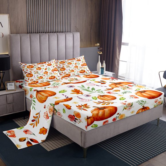 Pumpkin Decor Bed Sheets Set Fall Leaves Sheet Set Twin,Rose Flowers Sheets Plant Leaf Bedding Set,Thanksgiving Autumn Harvest Fall Decor