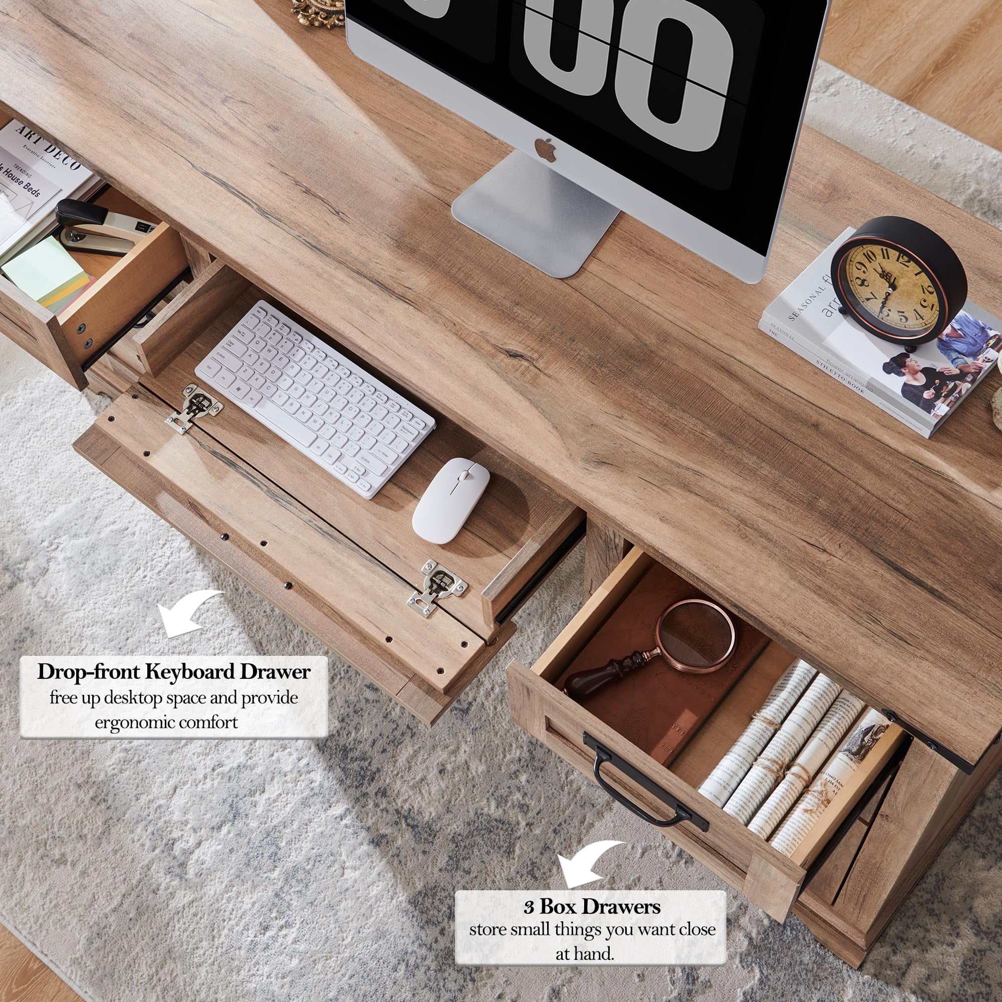 OKD Farmhouse Executive Desk, Rustic Office Desk with Charging Station and Keyboard Tray,Home Workstations with File Drawer, Storage Cabinet,Wood Computer Writing Desk, Natural Oak