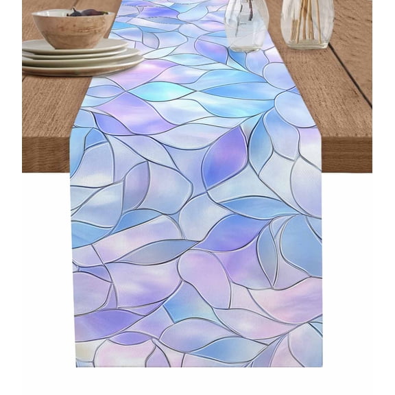 ERUNPONLY Stained Glass Table Runner - 90 Inch Long Blue Purple Floral Geometric Cotton and Linen Blended Dress Scarves Farmhouse Table Runner for Kitchen Dining, Coffee Table, 13" x 90"