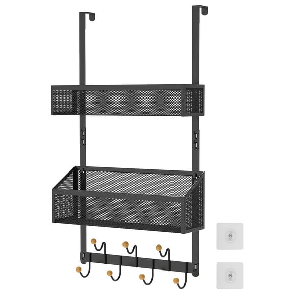 Jokapy Over the Door Hanger with Coat Hooks and 2 Baskets, Stainless Steel Towel Hooks, Black