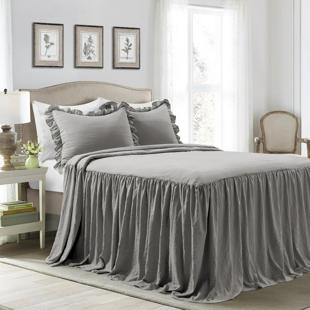 Lush Decor Ruffle Skirt Polyester Bedspread, King, Dark Gray, 3Pc Set