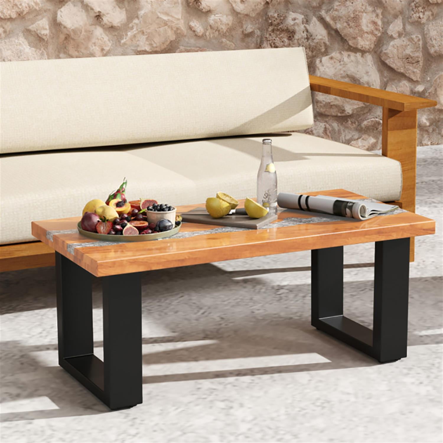 Demi Bonn 40" Teak Wood Patio Table with River Feel Epoxy Tabletop, Modern Outdoor Dining Table, Perfect for Small Space, Brown