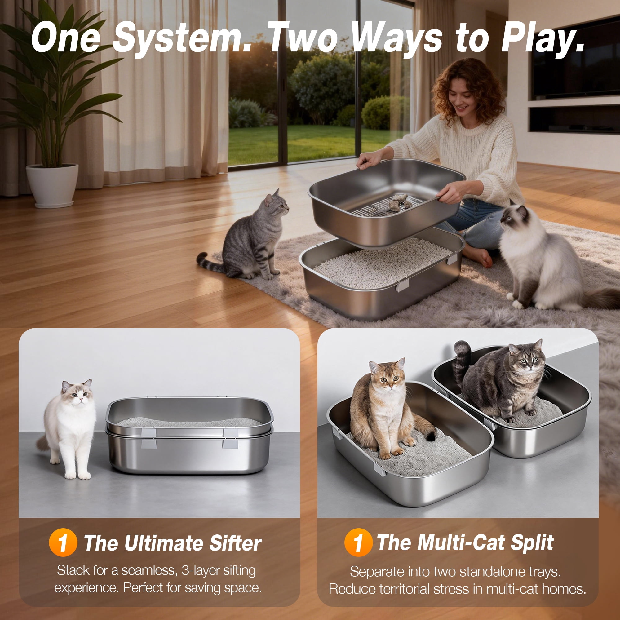 Furrbby Extra Large 3-Second Sifting Stainless Steel Cat Litter Box, Odor Control Triple-Pan System, Silver