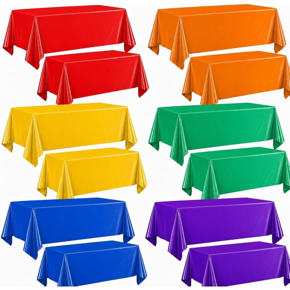 12 Pack Disposable Plastic Tablecloths, 54 x 108 Inch Rectangle Rainbow Table Covers, 6 Assorted Colors Waterproof Cloth for Birthday Wedding Fiesta Picnic Home Party Decorations