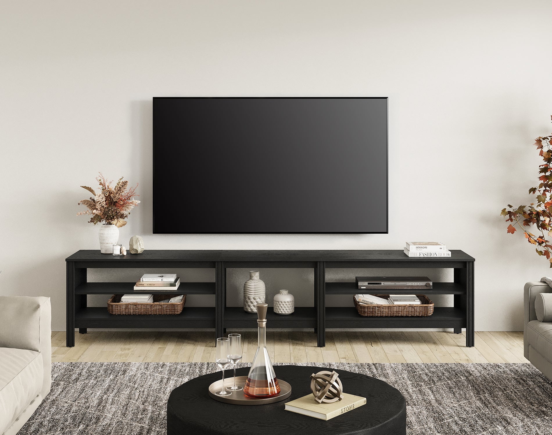 Fitueyes 94" Wood TV Stand for 85-100" TVs, Media Console with Open Shelves for Living Room Bedroom, black
