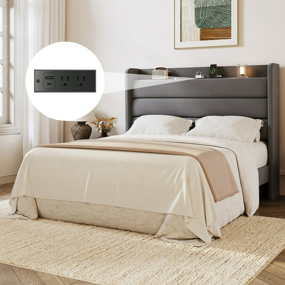 Amolife Queen Size Platform Bed Frame with Upholstered Velvet Wingback Slat Headboard & Built-In Charging Station, Grey