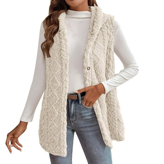 JGGSPWM Women's Button Down Fuzzy Cardigan Jacket Coat Solid Color Textured Sleeveless Trendy Hooded Vest Fall Outerwear Beige S