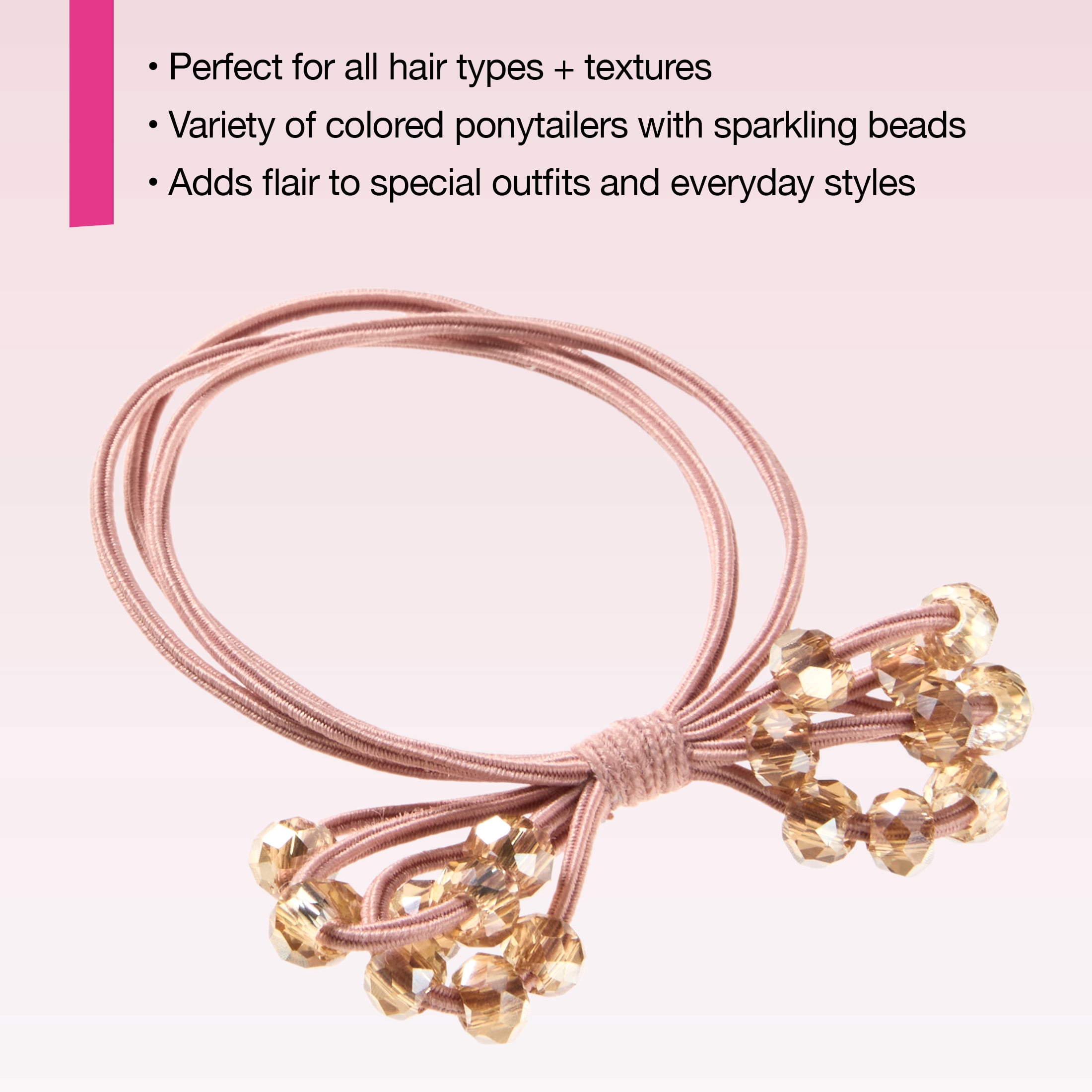 Scunci by Conair Beaded Ponytailers, Classy Pink and Black Tones, All Hair Types, 2 Count