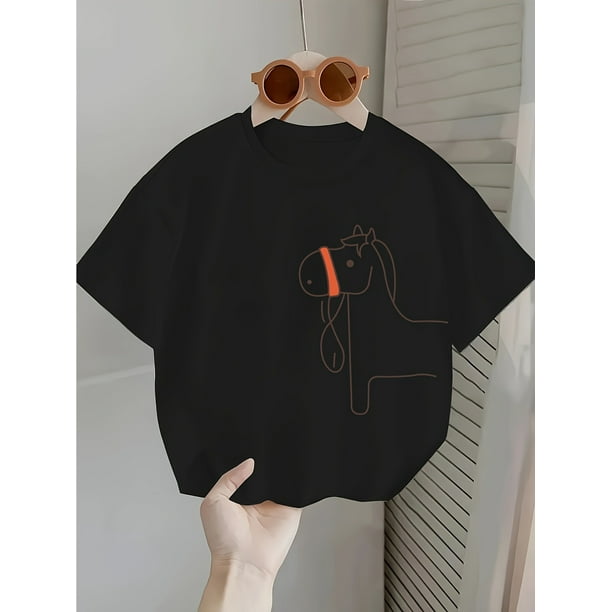 Boys' T-Shirt - Cute Cartoon Rocking Horse Print, White Crew Neck Short Sleeve, Soft & Comfortable Fabric, Loose Fit for Youngsters & Toddlers, Perfect for Spring & Summer Casual Wear