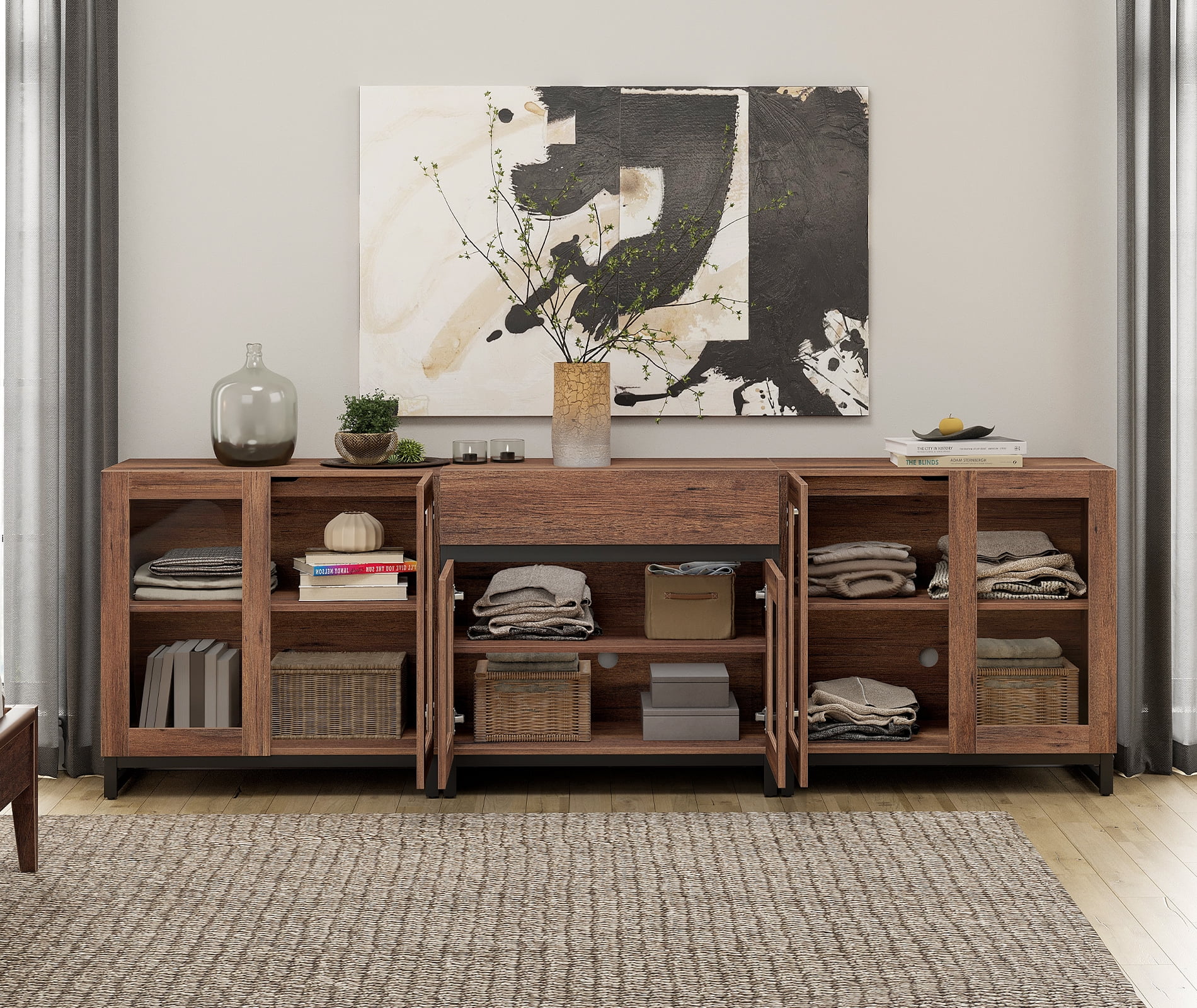 3 In 1 Modern Dresser with Glass Doors, Adjustable Shelves and Drawer, Metal Base Storage Cabinet, Multifunctional Chest Of Drawers for Bedroom Home Storage,Brown