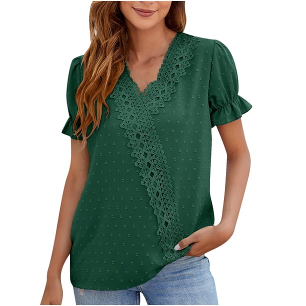 Blusa de manga corta con cuello en V informal de verano para mujer a la moda Pompotops hkajfhjk467443