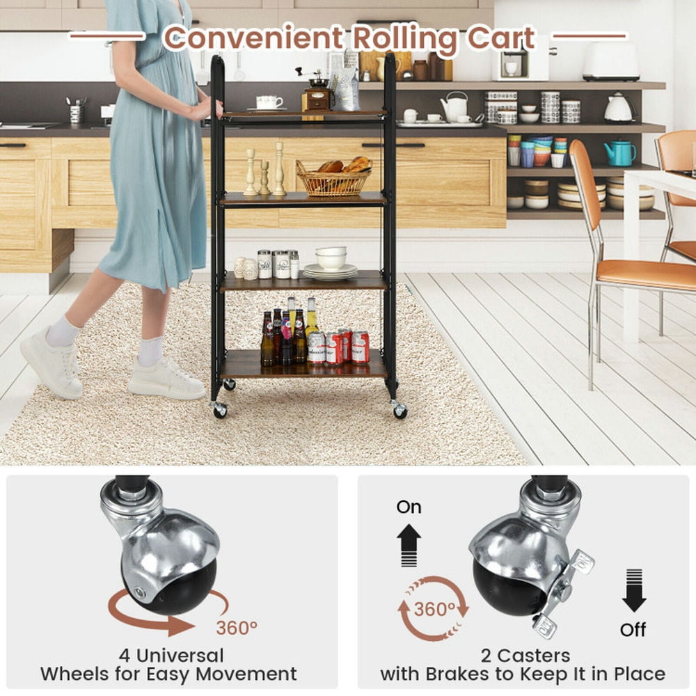Finihen Rolling Cart, Kitchen Island Cart, Foldable Rolling Cart with Storage Shelves-4-Tier, for Kitchen, Dining Room, Rustic brown Finihen Rolling Cart, Kitchen Island Cart, Foldable Rolling Cart with Storage Shelves-4-Tier, for Kitchen, Dining Room, Rustic brown
