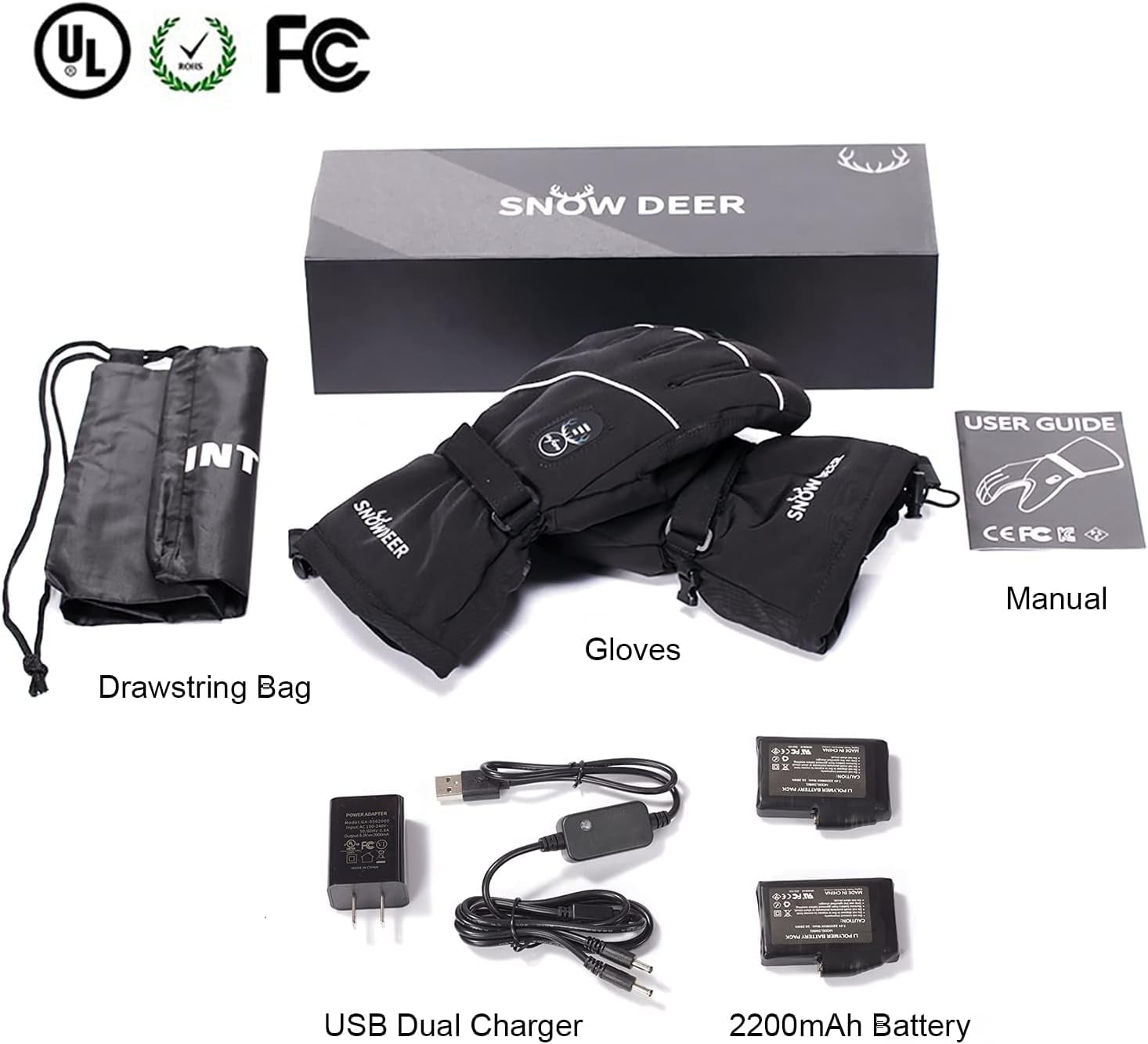 SNOW DEERElectric Heated Gloves, Waterproof & Windproof Ski Gloves with Rechargeable Battery & Touchscreen - Three Heat Settings for Cold Weather Snowboarding