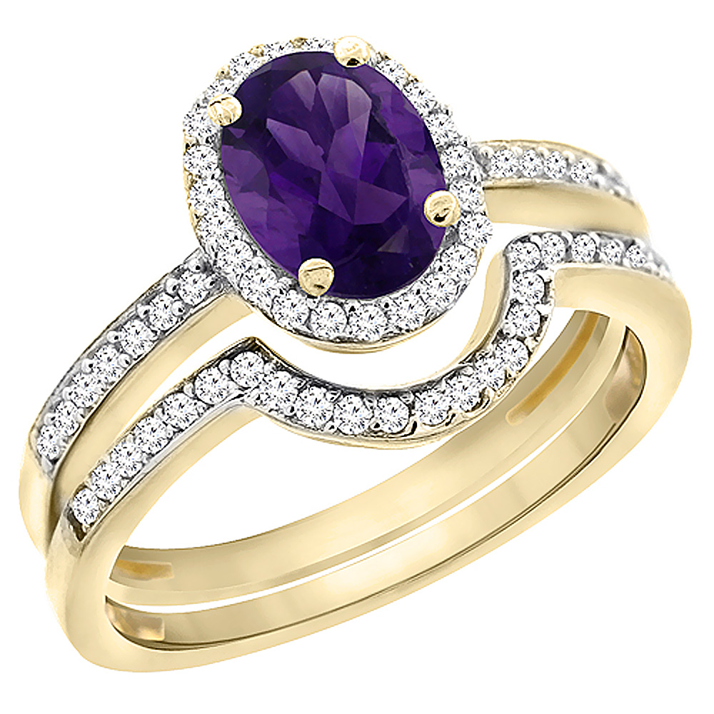 10K Yellow Gold Diamond Natural Amethyst 2-Pc. Engagement Ring Set Oval 8x6 mm, sizes 5 10 by WorldJewels
