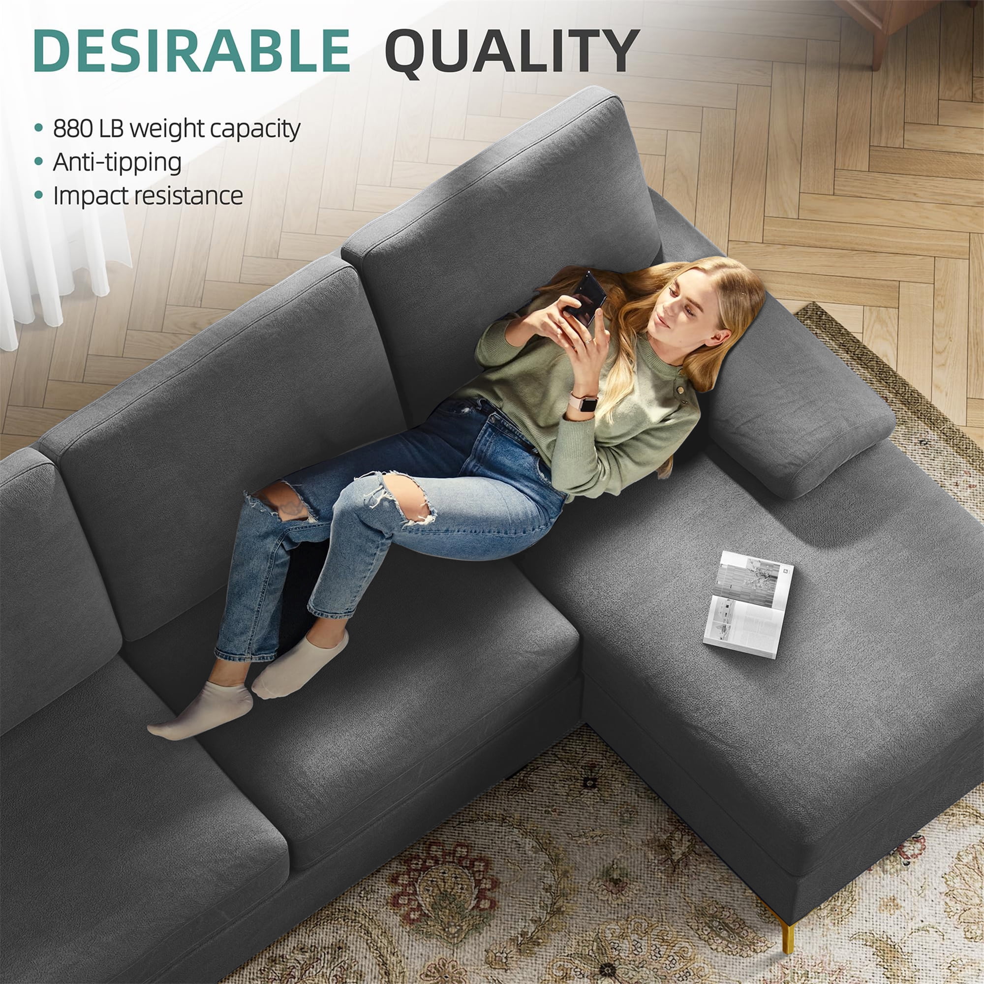 Aukfa 106" U-Shaped Sectional Sofa with Double Chaise Sleeper Sofa Couch for Living Room, Dark Gray