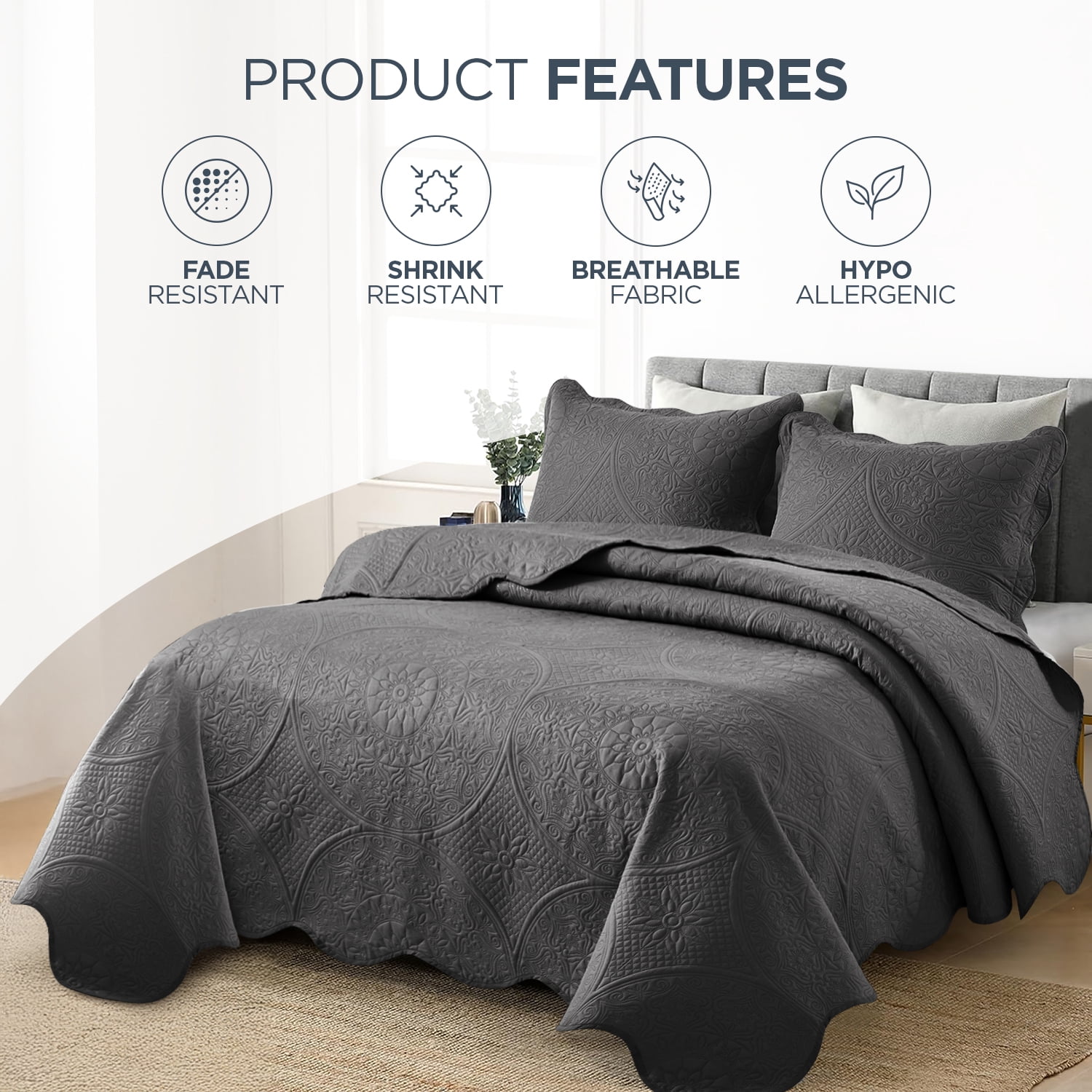IR Imperial Rooms 3Pc-Embossed Bedspread Soft Microfiber Floral Modern Quilt Set Lightweight Queen Charcoal