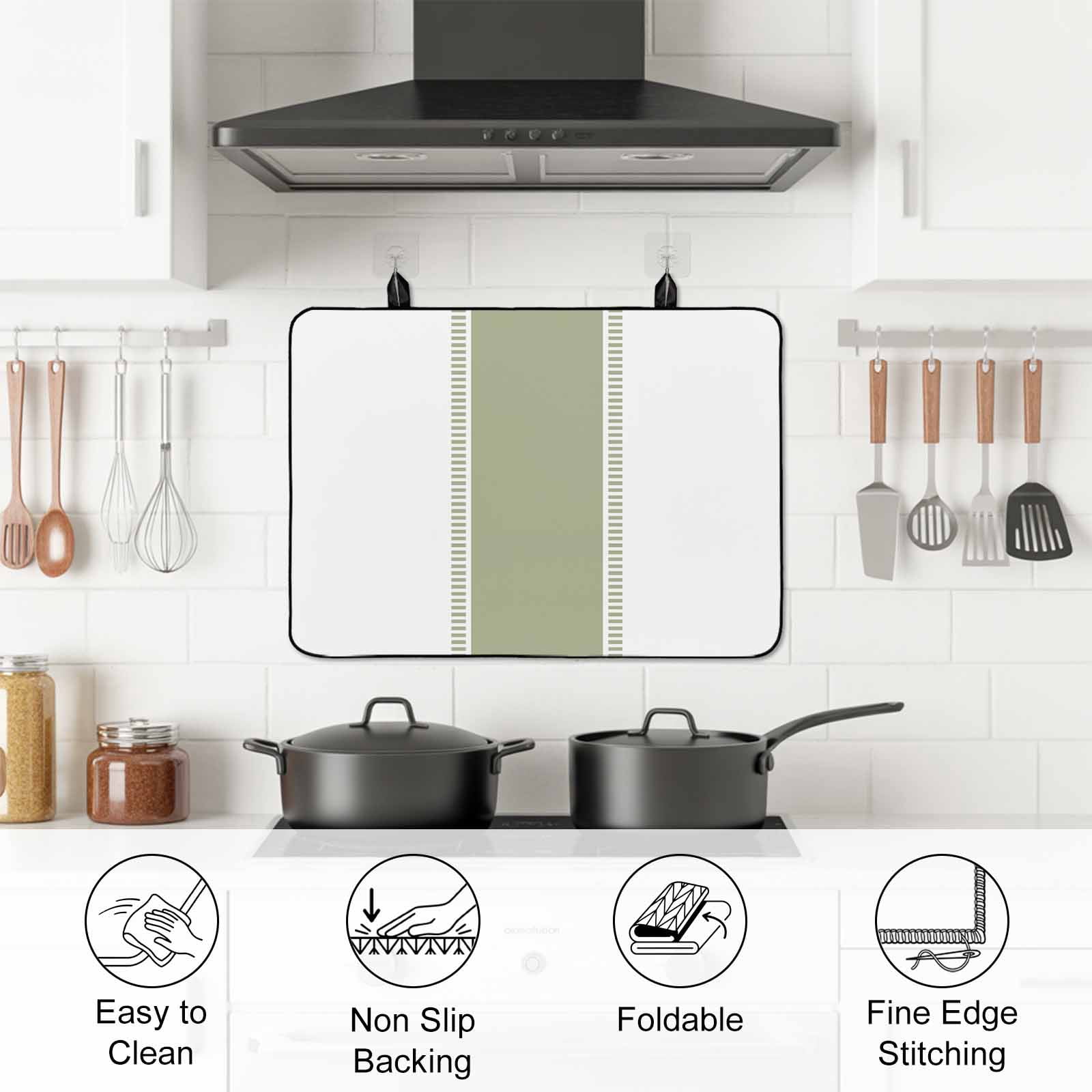Sage Green Striped Stove Top Cover for Electric Stove, Heat-proof & Non Slip Glass Top Stove Cover Protector, Modern Geometric Abstract Art Kitchen Flat Cooktop Rubber Mat 36x21 Inches