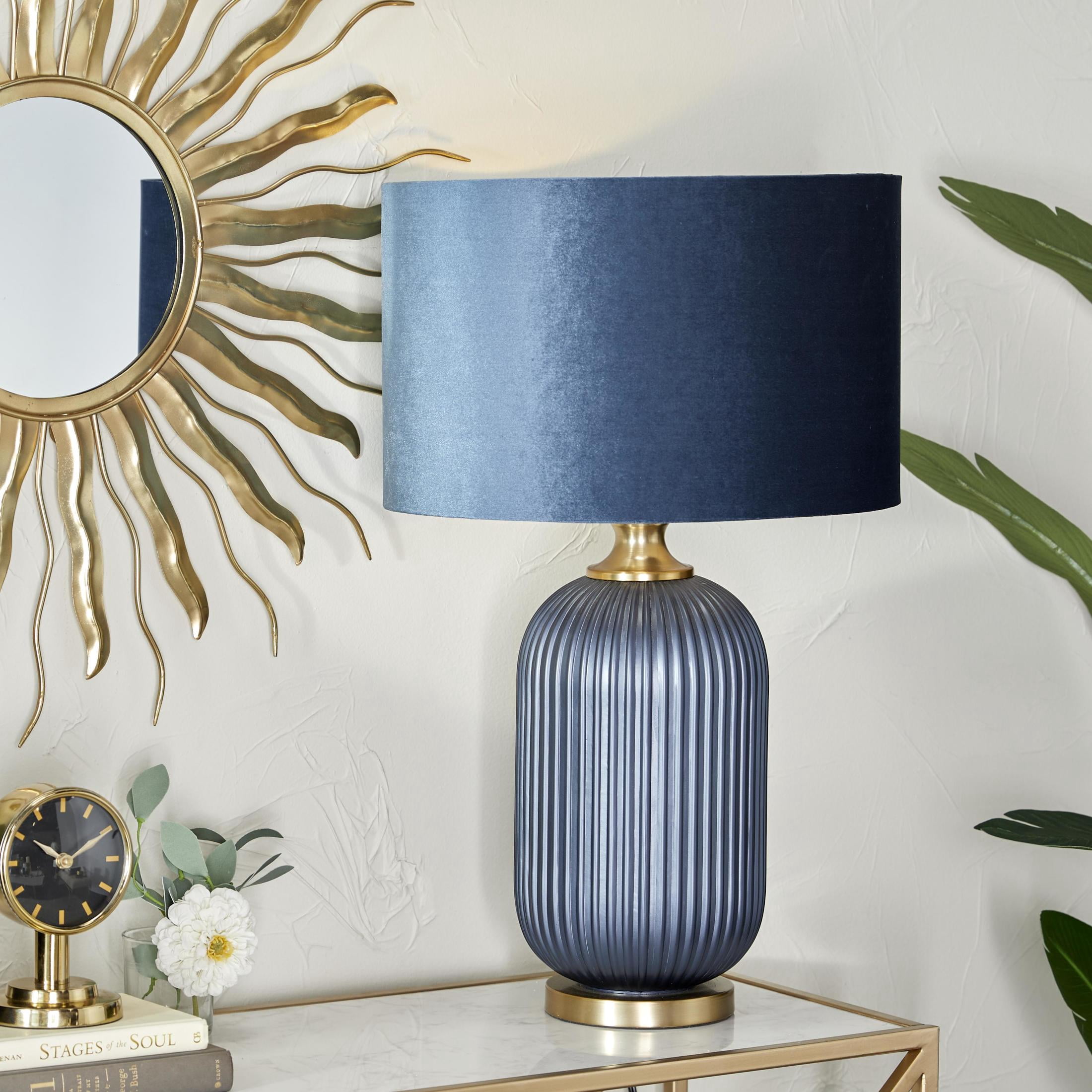 DecMode 26" Ribbed Blue Table Lamp with Blue Velvet Shade