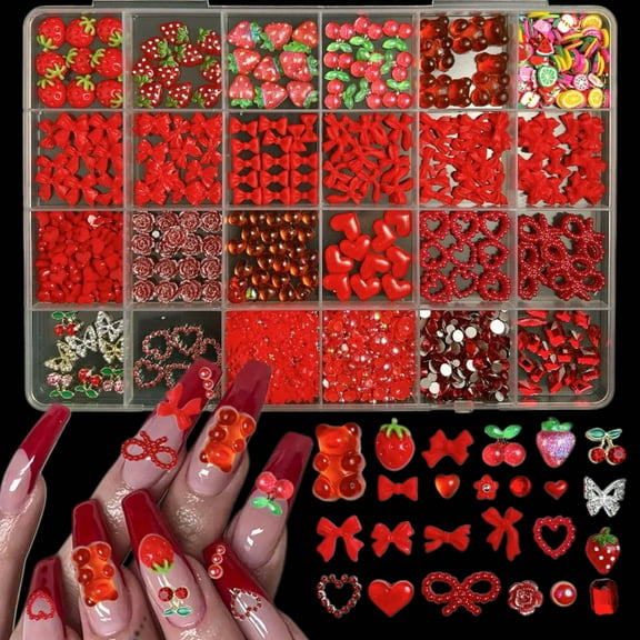 1 box of red nail art accessories, cute 3D strawberry bow, heart-shaped nail accessories, phone cases, earrings, hair accessories DIY