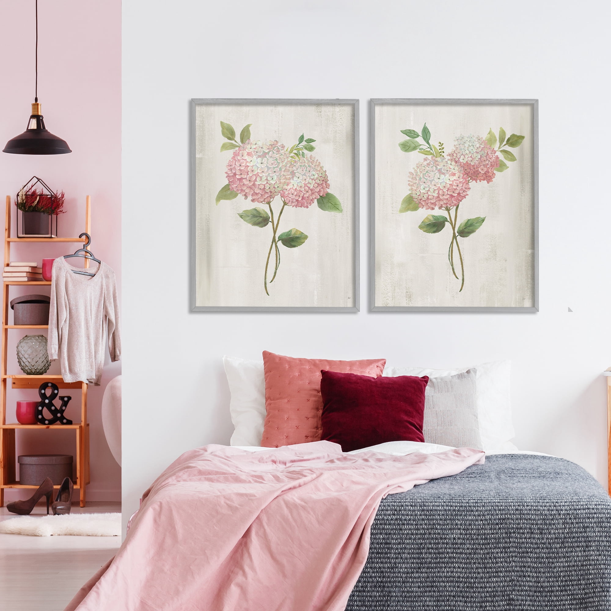 Stupell Industries Vintage Pink Hydrangea Pairs 2 Piece Gray Framed Giclee Art Set, design by Nan