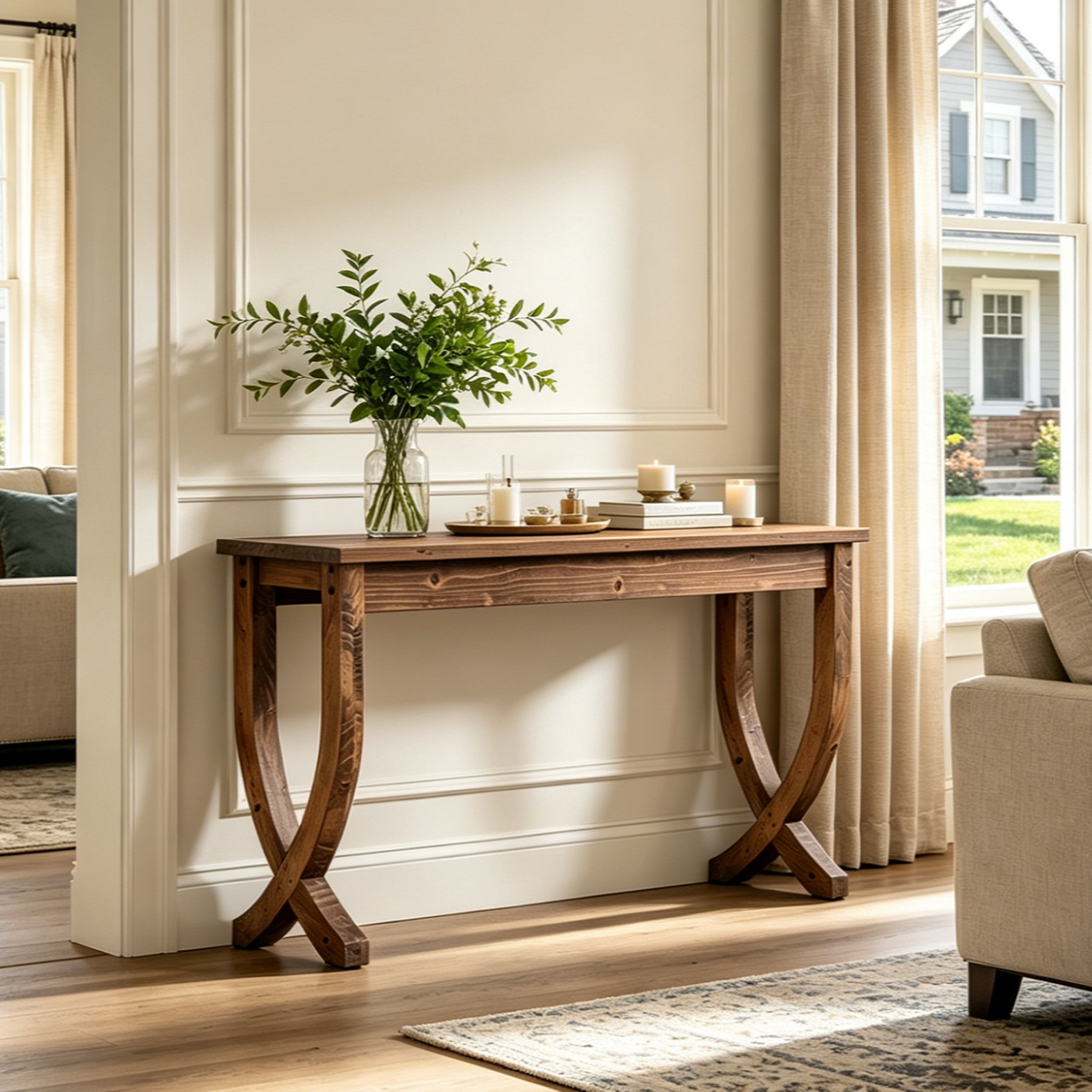 Fnova 63" Console Table, Long Farmhouse Entryway Table, Solid Wood Sofa Table with X-Shaped Legs for Living Room, Entrance, Foyer
