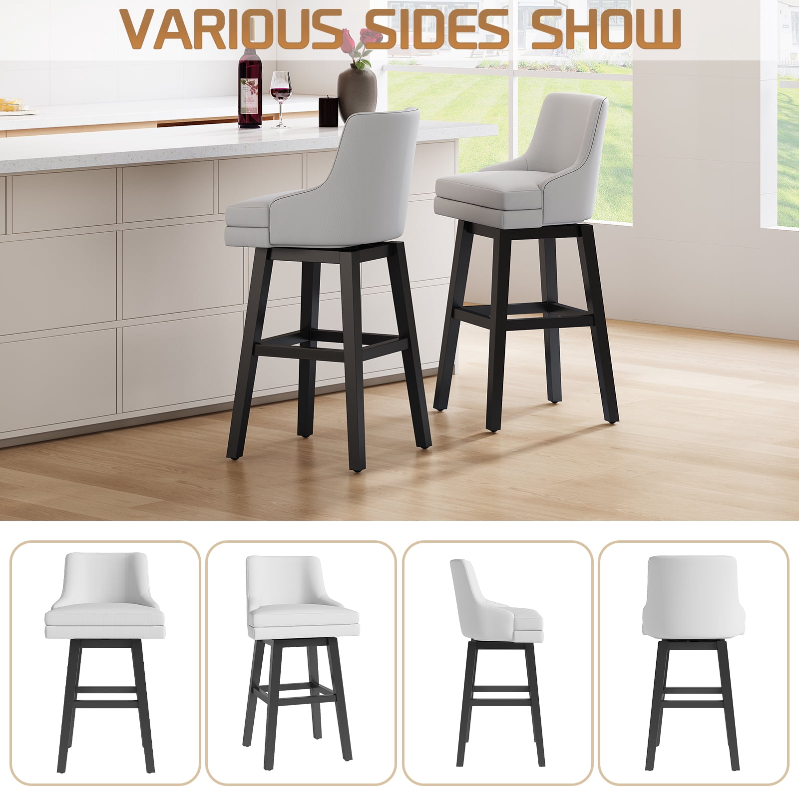 Ninecer 26" Counter Height Bar Stools, Swivel Bar Stools with Back, Modern Bar Chairs, Barstools with Footrest, White (Set of 4)