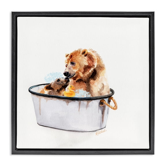 Stupell Industries Cottage Bear and Cub in Bathtub Black Floating Frame Canvas Art, 18 x 18, by Jennifer Redstreake