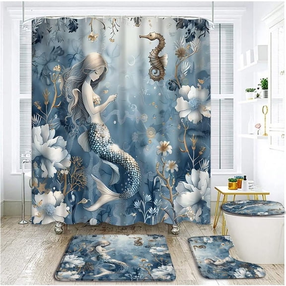 4 PCS Teal Mermaid Shower Curtain Set with Rugs, Toilet Lid Cover ,Blue Ocean Fairy Tale Girl Undersea Tropical FishCoral Seashell Jellyfish Seahorse Plant Floral Bathroom Shower Curtain with Hooks