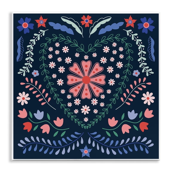 Stupell Industries Folk Flowers in Heart Pattern Floral Painting Unframed Art Print Wall Art, 12 x 12