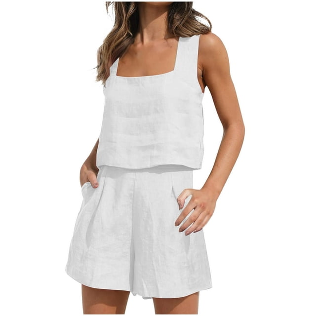 Womens 2 Piece Outfits Linen Square Neck Crop Tops Short Set 2023 Lounge Matching Sets Trendy Clothes Beach Summer