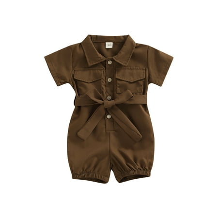 

jaweiw Toddler Girls Summer Belted Romper Short Sleeve Solid Color Button Down Jumpsuit Shorts 9M-4Years