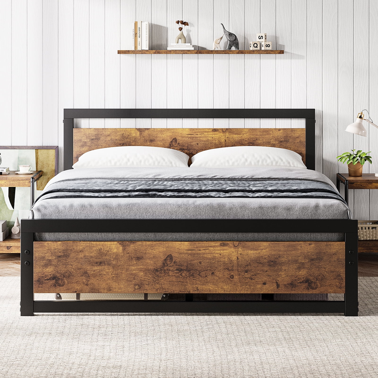 Industrial Full Size Bed Frame with Rustic Wooden Headboard, 14” Platform Bed Frame, No Box Spring Needed, Ample Storage Space, Noise-Free Design, Retro Brown