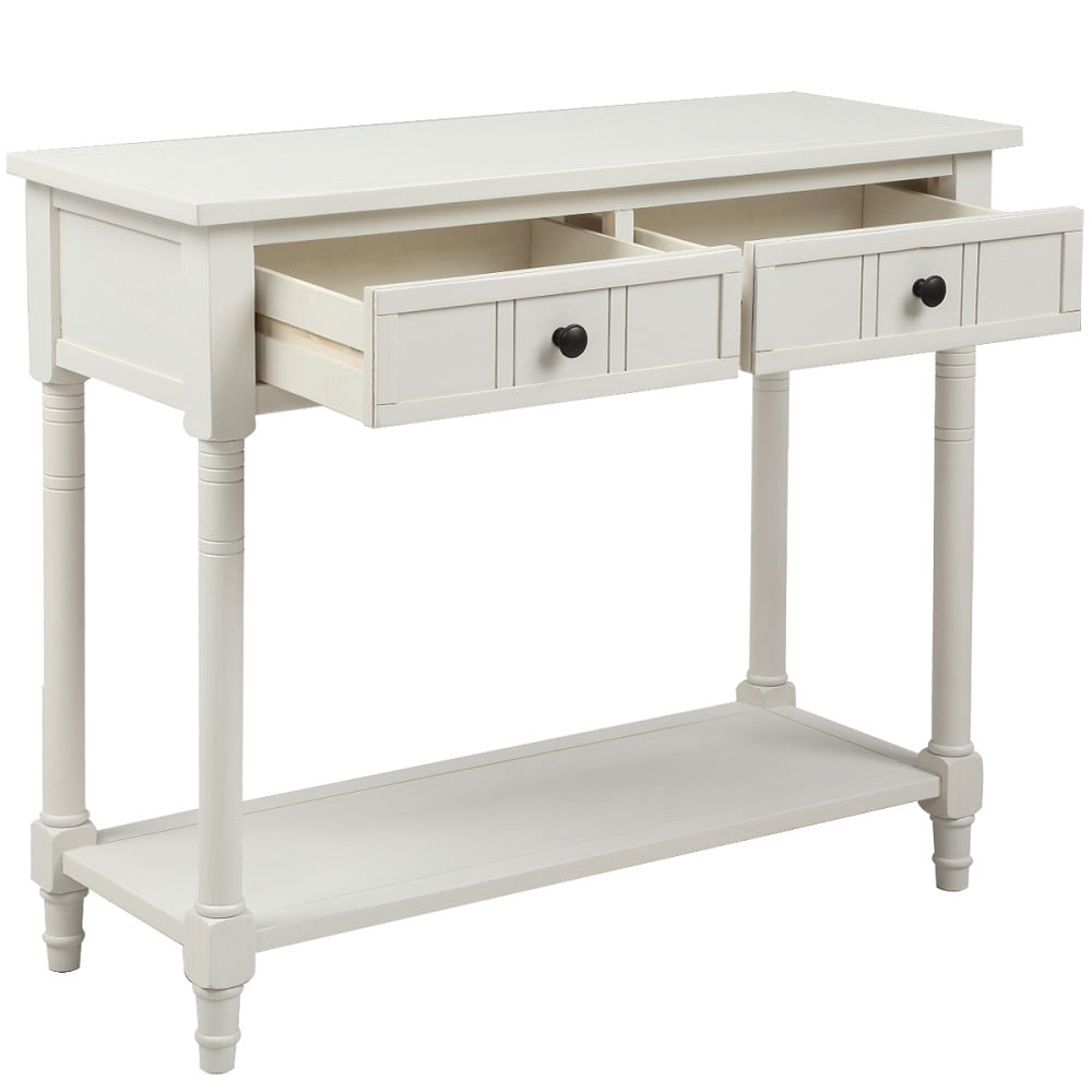 Vintage White 2 Drawer Storage Console Table, Entryway Table with Storage Shelves, Small Sofa Table for Living Room, Couch, Hallway, Foyer, Kitchen Counter