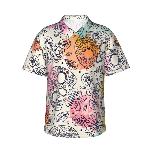Balery Skull and Flowers Camisas hawaianas de manga corta para hombre, camisas playeras de corte holgado, camisas de vacaciones con botones,XX-Large