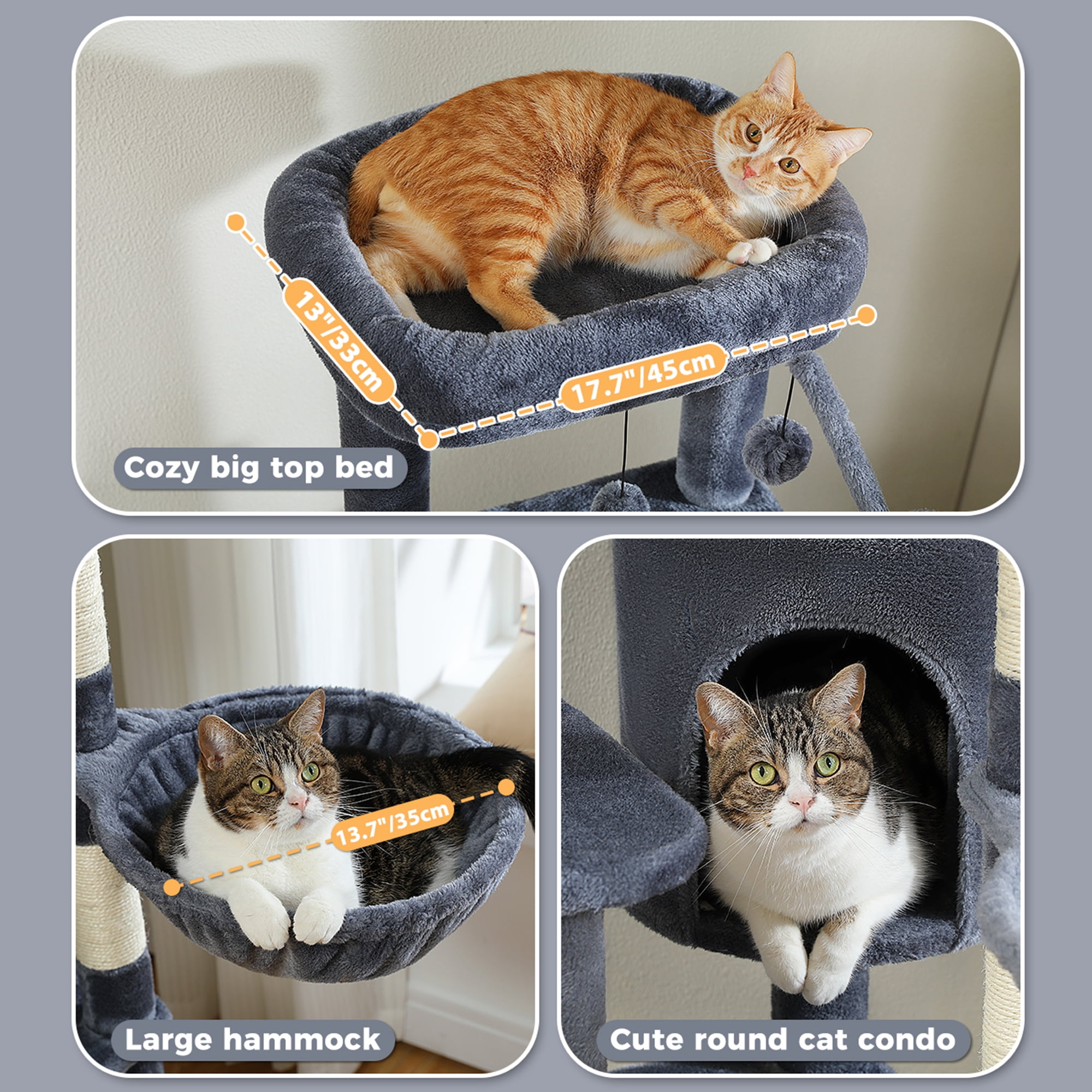 Pefilos 59" Multi-Level Cat Tree House with Large Hammock, Scratching Post, 2 Perches, Cat Tower with 3 Removable Pompom Sticks, Cat Condo, Dark Gray Pefilos 59" Multi-Level Cat Tree House with Large Hammock, Scratching Post, 2 Perches, Cat Tower with 3 Removable Pompom Sticks, Cat Condo, Dark Gray
