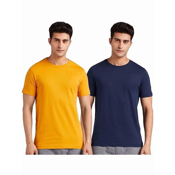 Men's Solid Cotton T-Shirt, Set of 2 - Round Neck Regular Fit Plain Tees (Yellow & Navy Blue), Size Medium