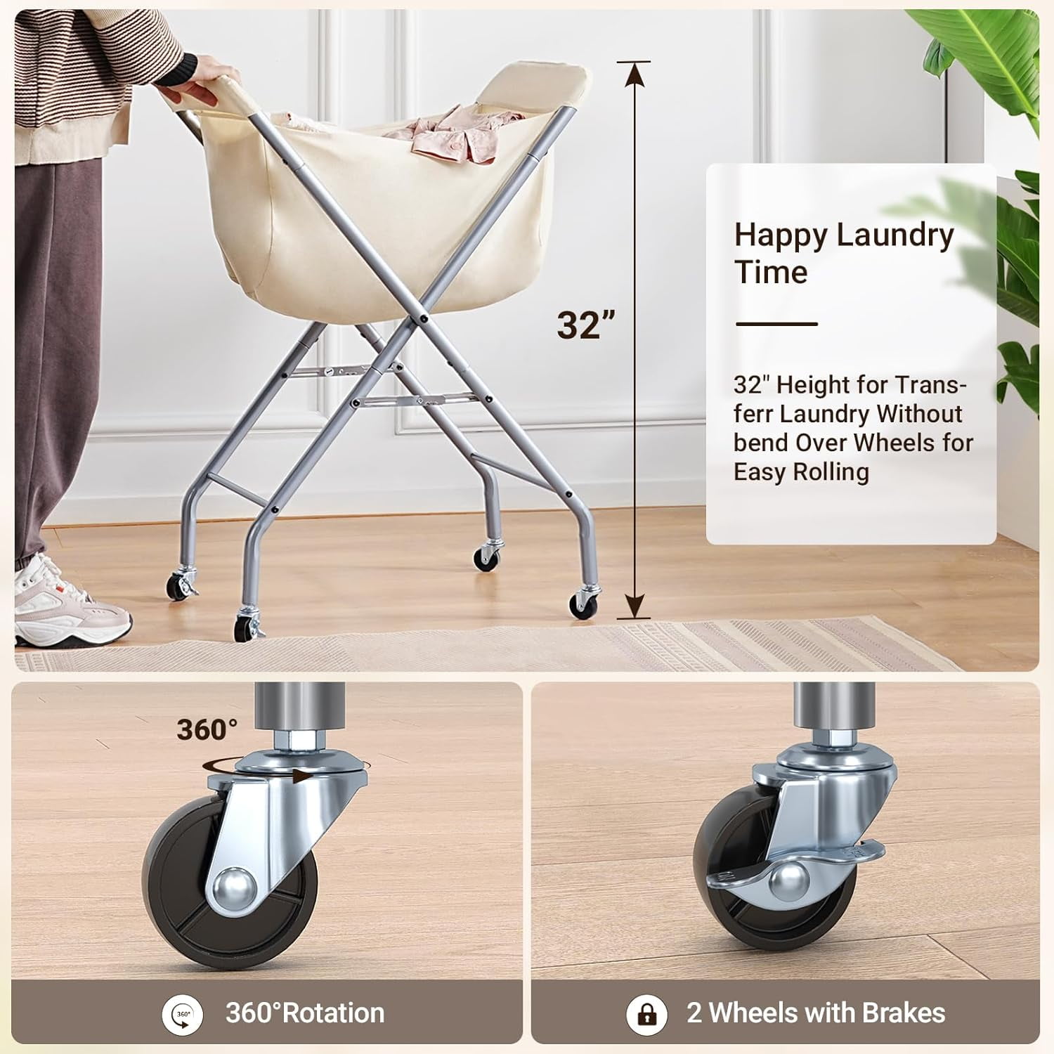 Laundry Cart with Wheels, 33”H Easy Rolling Laundry Hamper with Removable Liner Bag, Sturdy Metal Frame Clothes Basket with 4 Casters and 2 Brakes