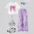 thumbnail image 2 of Toddler Girl Outfits Summer Clothes Set Bow Print Short Sleeve Top and Wide Leg Work Pants Set Kids School Suit 7T 8T 9T 10T 11T, 2 of 4