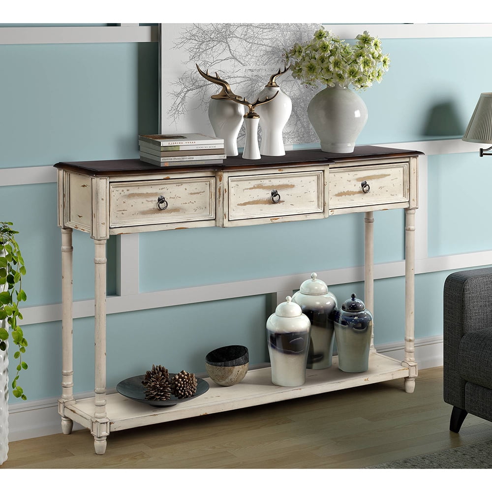 Kepooman Luxurious Exquisite Solid Wood Console Table with Projecting Drawers & Long Shelf for Entryway, 51.57"L x 13.3"W x 34"H, Beige Kepooman Luxurious Exquisite Solid Wood Console Table with Projecting Drawers & Long Shelf for Entryway, 51.57"L x 13.3"W x 34"H, Beige