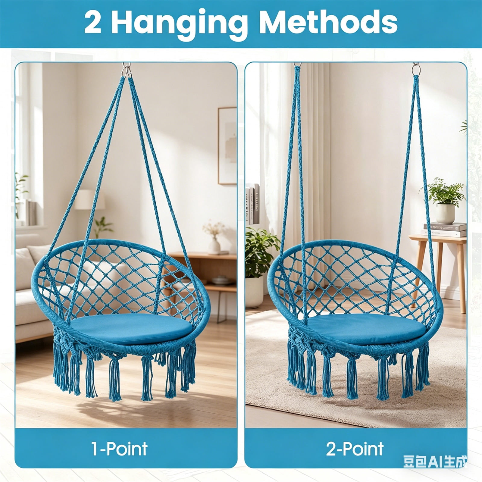Hommoo Macrame Swing Chair Hammock Chair with Round Cushion Seat, Handmade Knitted Relax Hanging Cotton Rope Chair for Home, Blue