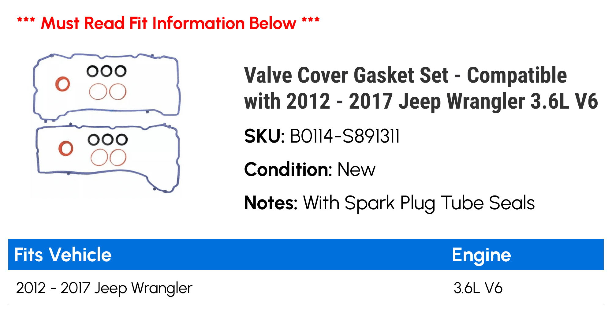 Valve Cover Gasket Set - Compatible with 2012 - 2017 Jeep Wrangler 3.6L V6 2013 2014 2015 2016