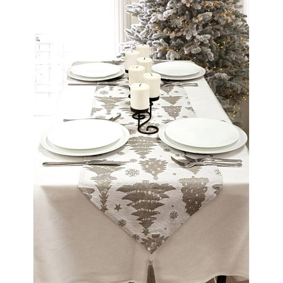 Silver Pine Trees Christmas Table Runner F07M5-9A Silver
