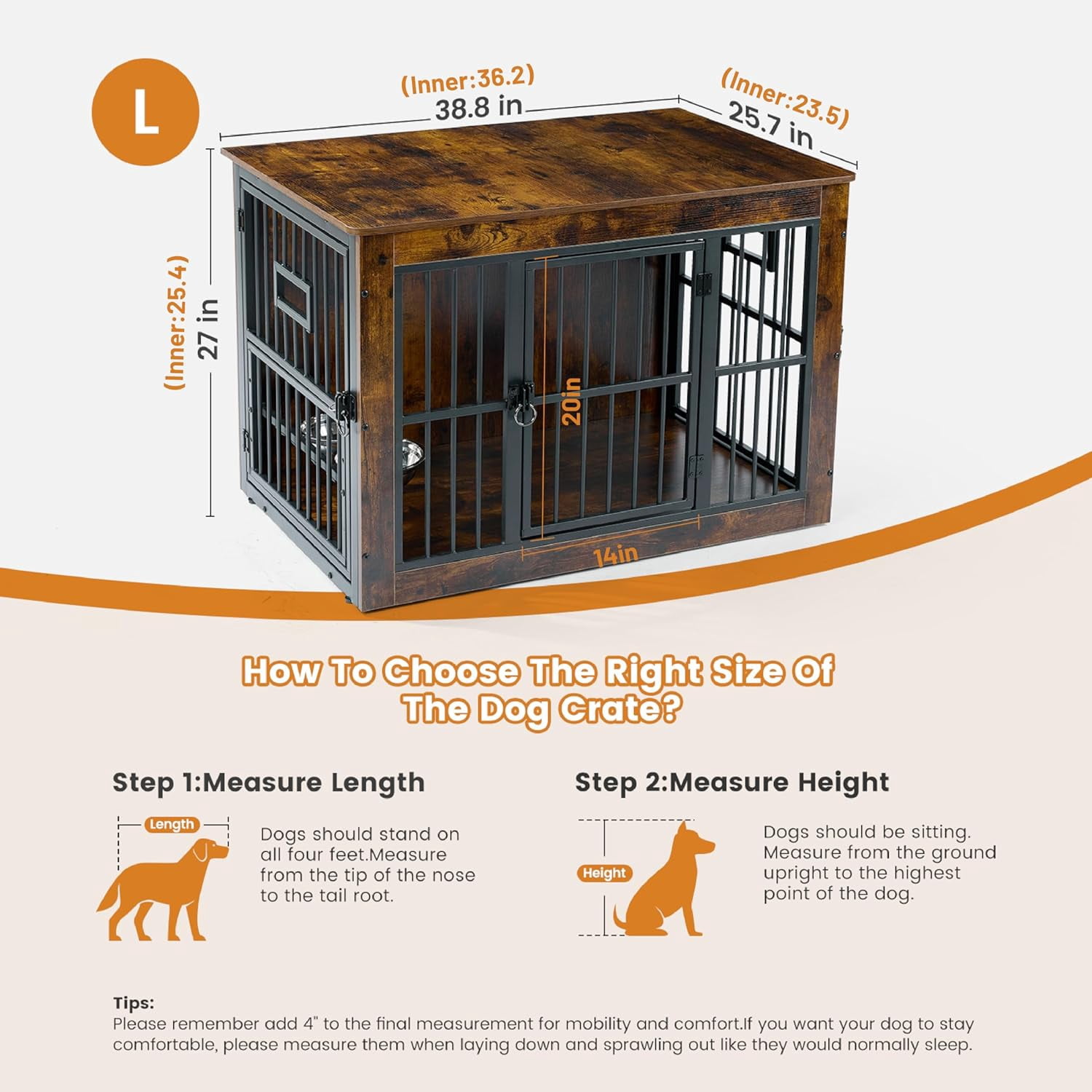 Nomipaw Wooden Dog Crate Furniture,Double-Doors Kennel Indoor for Small or Medium Dogs,Dog Cage Table with Steel Lock & Waterproof Top,Brown With Dog Bowls