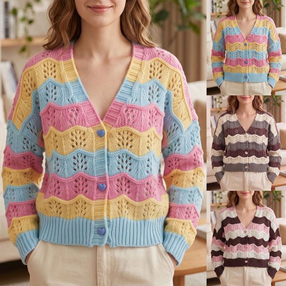 Women's Long Sleeve Cardigan Sweater,Cute Top Knit Colorful Patterned V Neck Button Outwear,Loose Fit,Fall Casual Daily Wear