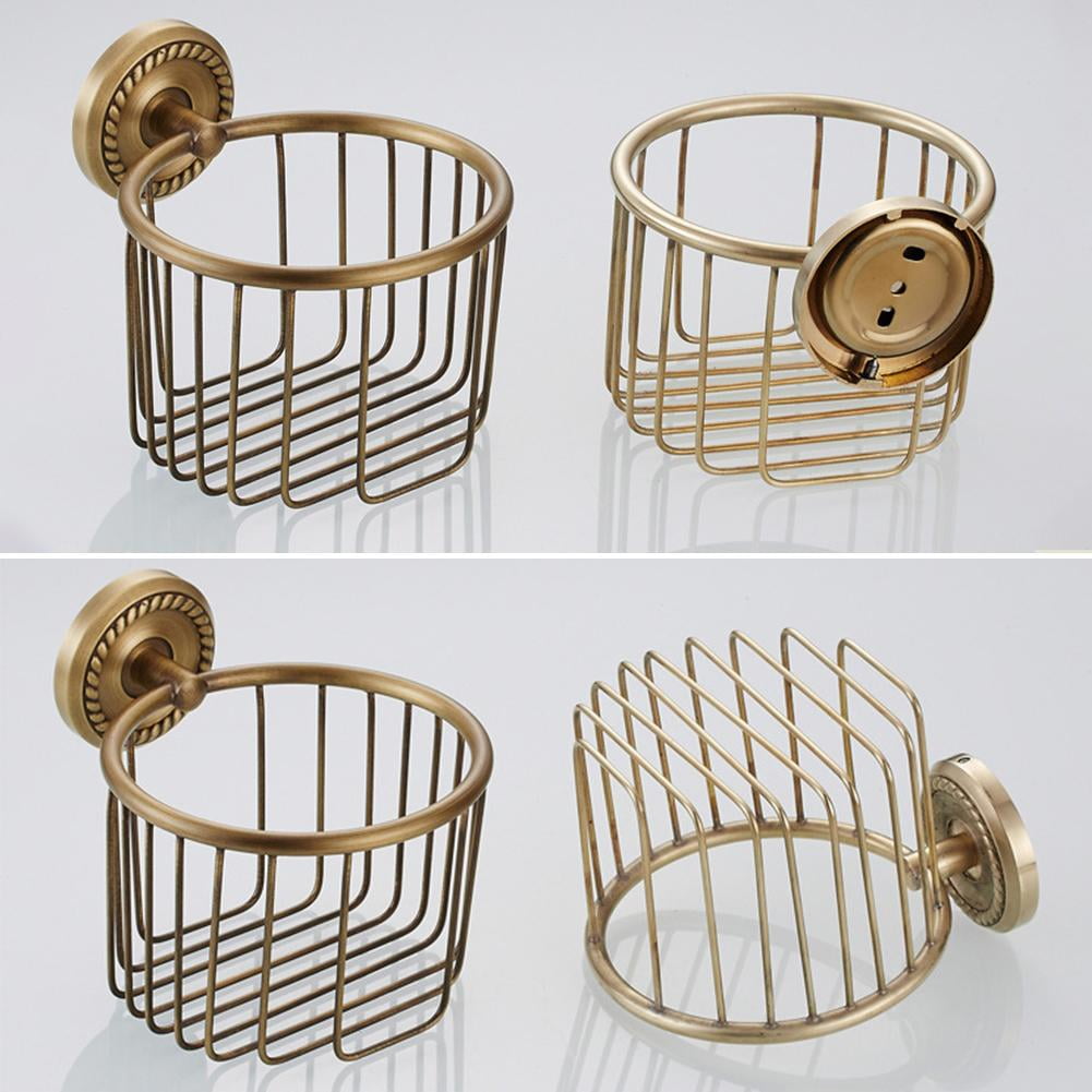 Vintage Bronze Wall Mounted Toilet Paper Holder Antique Brass Bathroom Accessories Tissue Dispenser with Stable Metal Stand, Wire Basket Storage Rack - for Roll with Diameter