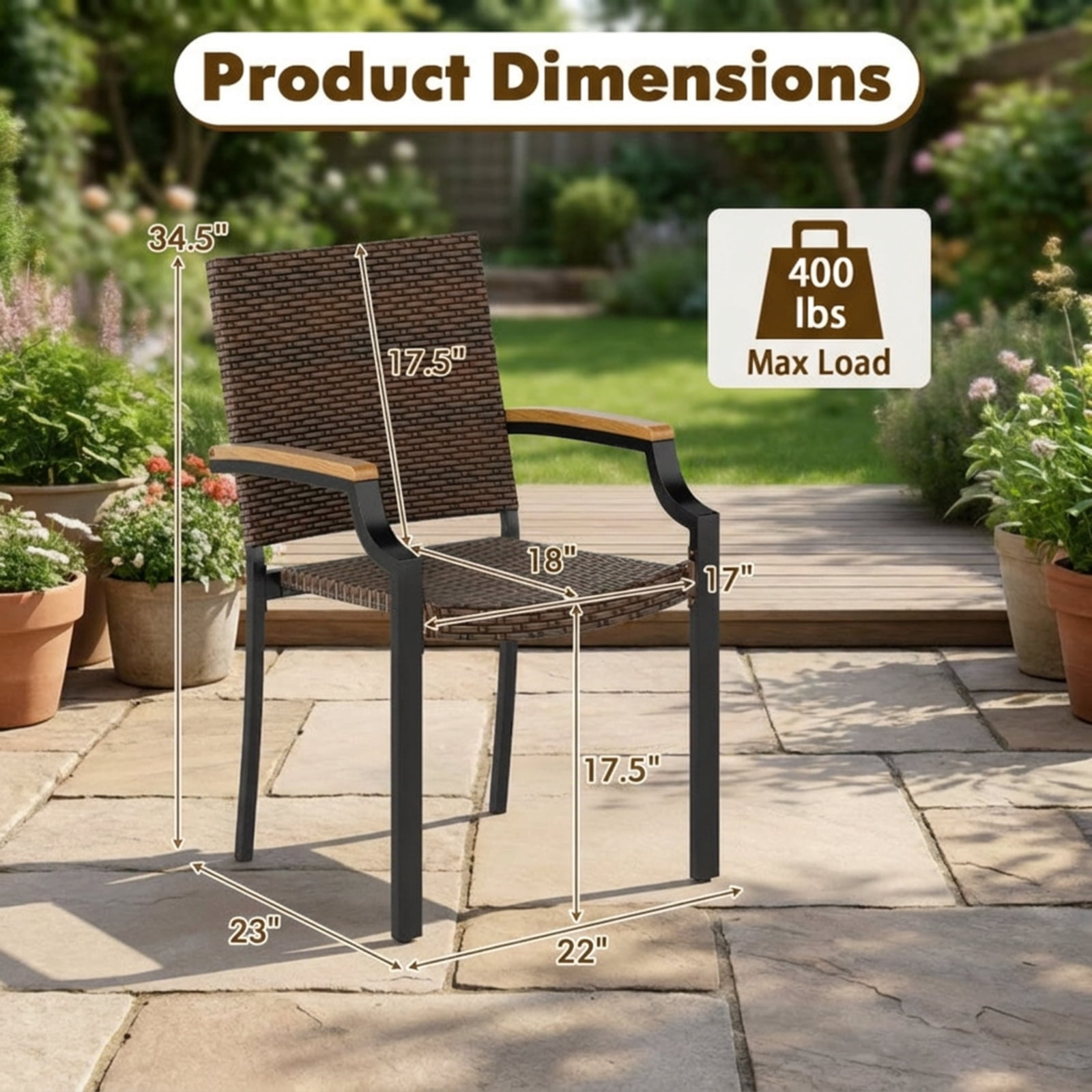 Biotree Outdoor Dining Chairs Set of 2 Stacking PE Wicker Patio Rattan Dining Chairs with Acacia Wood Armrests for Garden Backyard, Mix Brown