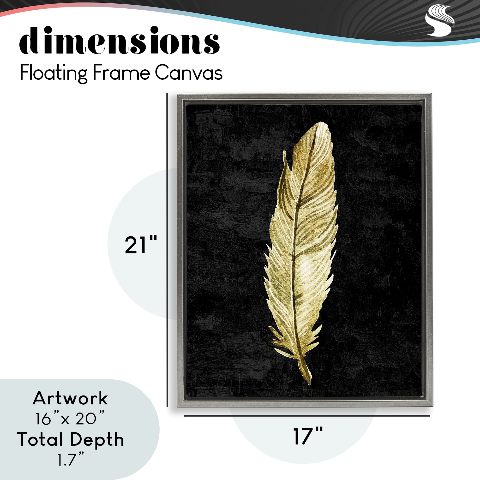 Curved Feather on Black Gray Framed Floater Canvas Wall Art, design by Kim Allen